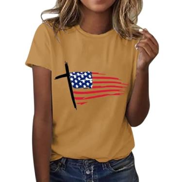 Imagem de Camiseta feminina moderna casual com estampa da bandeira do Dia da Independência gola redonda manga longa justa para mulheres, Amarelo, G