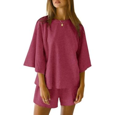 Imagem de JAWINT Conjunto feminino de 2 peças, casual, manga 3/4, camisetas grandes, shorts de cintura elástica, conjuntos de pijama lounge, Vermelho rosa, P