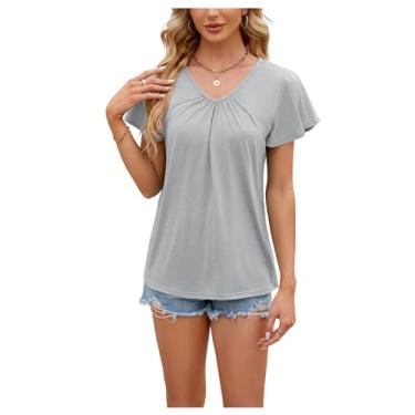 Imagem de Camiseta Feminina De Cor Sólida Com Decote Em V Lazer Topos Verão Básico Camiseta Casual Férias