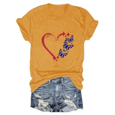 Imagem de Camisetas femininas 4th of July Memorial Day camisetas femininas fofas camisetas patrióticas de manga curta, Amarelo, XXG