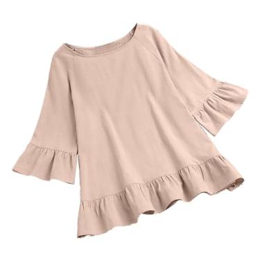 Imagem de Blusas femininas de linho de algodão grandes casuais primavera verão túnica solta gola redonda manga curta tops tops, Caqui, 4G