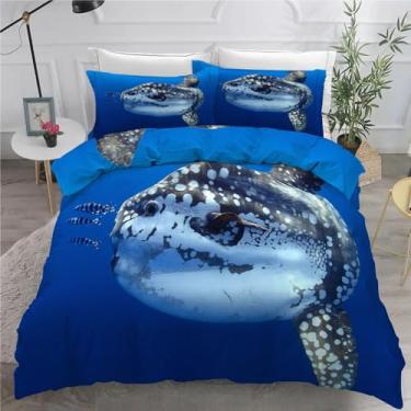 Imagem de Jogo de cama king água-marinha, tubarões, conjunto de 3 peças para decoração de quarto, capa de edredom de microfibra macia 264 x 232 cm e 2 fronhas, com fecho de zíper e laços