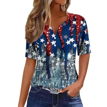 Imagem de Camisetas femininas com bandeira americana com listras de estrelas de verão 2024, casuais, 4 de julho, dia da independência, blusas túnicas, rosa, M