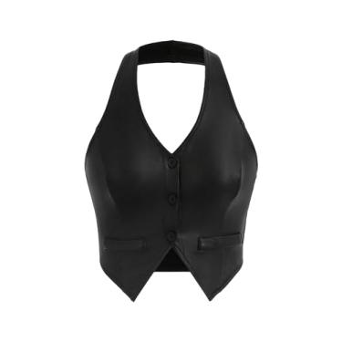 Imagem de WDIRARA Blazer feminino de couro PU frente única com botão frontal decote em V sem mangas cropped colete preto pequeno, Preto, Small