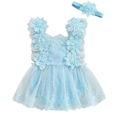 Imagem de Macaquinho para bebês recém-nascidos, sem mangas, renda, floral, com faixa de cabeça, conjunto de 2 peças, saia de tule tutu, Azul, 0-3 Months