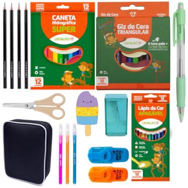 Imagem de Kit Material Escolar Completo com 49 Itens e Estojo Com Estojo Duplo - Leo e Leo (Preto)
