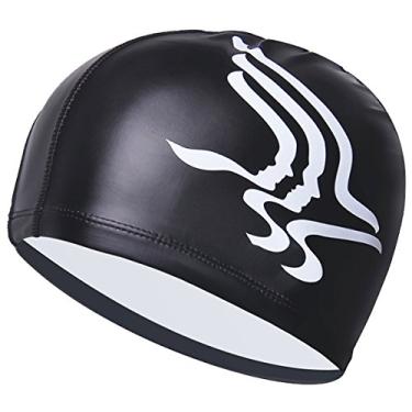 Imagem de ebulous Touca de natação, unissex, tamanho adulto, lycra, confortável e respirável, touca de natação com casaco de poliuretano, ajuste de cabelo comprido, preta