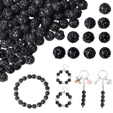 Imagem de NUKAYAI 100 peças de contas de strass pretas de 10 mm para fazer joias, bola de discoteca Shamballa brilhante, contas de diamante a granel, contas de argila preta para artesanato, pulseira, brinco