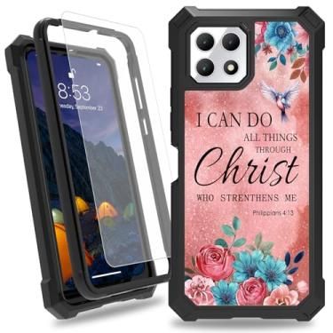 Imagem de CAPAUNVDA Capa T-Mobile Revvl 7, capa preta fina à prova de choque de camada dupla resistente com protetor de tela de vidro temperado para mulheres e homens, Bíblia Filipenses 4-13