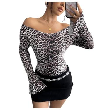 Imagem de SOLY HUX Camiseta feminina com estampa de leopardo, ombro de fora, manga comprida, caimento justo, Leopardo multicolorido, P