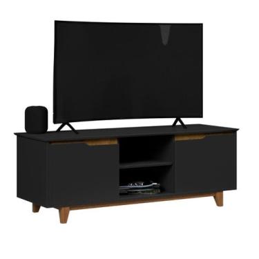 Imagem de Rack Bancada para Sala de Estar com 2 Portas e Pés em Madeira Maciça c