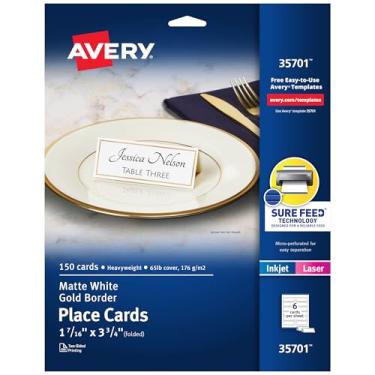 Imagem de Avery Cartões de lugar imprimíveis com tecnologia Sure Feed, 4 cm x 9 cm, branco com borda dourada, 150 cartões de barraca em branco para impressoras a laser ou jato de tinta (35701)