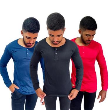 Imagem de Kit 3 Camisas Henley Masculina Slim Algodão Com Elastano Malha Premium