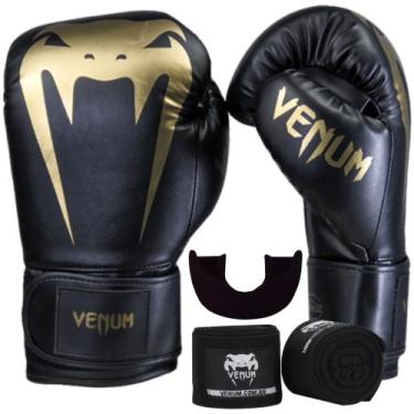 Imagem de Kit luva de boxe venum giant full logo pro black gold profissional + b