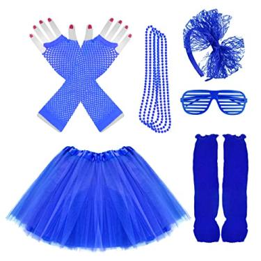 Imagem de Miayon Acessórios para fantasia infantil 6 em 1 dos anos 1970, 1980, roupas chiques e vestidos para festa temática de cosplay para meninas, Azul-real, M