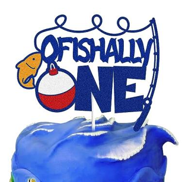Imagem de Ofishally One Happy Birthday Cake Topper Blue Glitter Bobber Fish Man Fishery Pole Fisher Fishing Birthday Party Supplies Happy 1st Birthday One Year Old Gone Fishing Little Fisherman Cake Decoration