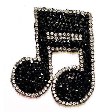 Imagem de Emblema PP Diamante Negro Joias Notação Musical Preta Sinais de Notas Musicais Desenhos Animados Remendo Bordado Remendo Bordado Logotipo Jaquetas Bolsas Jeans Camiseta Mochilas