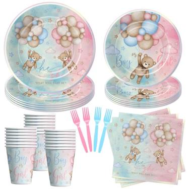Imagem de HIPVVILD Ursinho de pelúcia, decorações reveladoras de gênero, utensílios de mesa de festa - Urso menino ou menina, suprimentos para revelação de gênero, prato de papel, copo, guardanapo, garfo