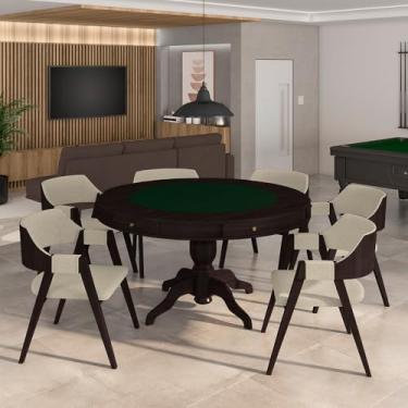Imagem de Conjunto Mesa de Jogos Carteado Bellagio Tampo Reversível Verde e 6 Cadeiras Madeira Poker Base Estrela Linho OffWhite/Tabaco G42 - Gran Belo