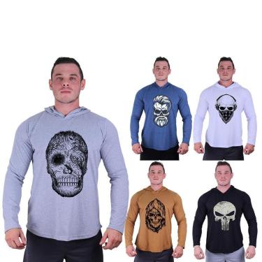 Imagem de Kit 5 Camisetas Manga Longa com Touca Longline Estampada Treino Academia Lazer Casual-Masculino