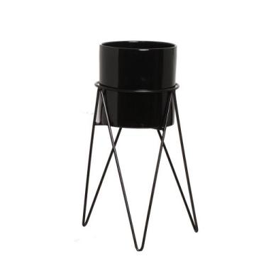 Imagem de Cachepot Decorativo em Cerâmica Home com Suporte M Preto - Sara Decora