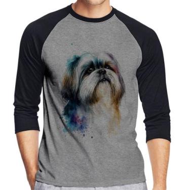 Imagem de Camiseta Raglan Cachorro Shih Tzu Watercolor Manga 3/4 - Foca na Moda,