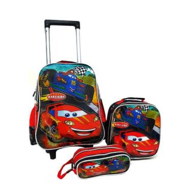 Imagem de Kit Mochila Carros Infantil Escolar Rodinhas Estojo Dl21 - Denlex