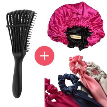 Imagem de Kit Touca Cetim Adulto + Escova Basic + 5 Scrunchies Cores Sortida - E