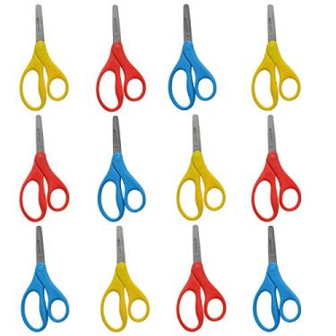 Imagem de Tesoura infantil Westcott 12,7 cm, sem pontas, pacote com 12 (4 amarelas, 4 vermelhas, 4 azul)