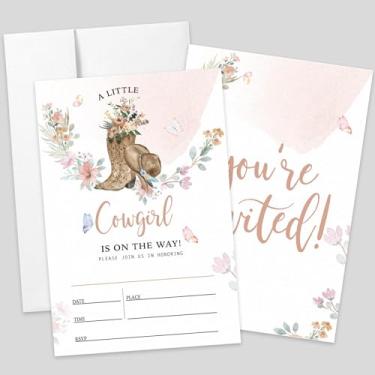 Imagem de AEHIE 20 conjuntos de convites de preenchimento em forma de chá de bebê com envelopes, convites de festa A Little Is On The Way para bebês meninas oeste, convites para recém-nascidos ocidentais