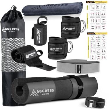 Imagem de Aggress Sports Barbell Pad Conjunto de 8 – Almofada de agachamento de espuma EVA de alta densidade com tiras no tornozelo, faixa de resistência – Acessórios de academia duráveis para mulheres almofada de barra para impulso de quadril inclui bolsa de transporte, toalha, preta