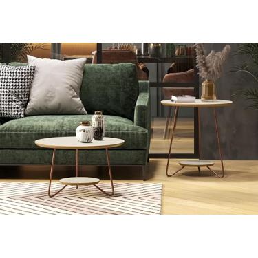 Imagem de Conjunto Mesa Centro e Apoio Redonda Sala Decoração Escritório Compacta Retrô Pés Ferro Liz (Offwhite/Freijó)