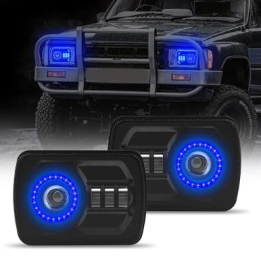 Imagem de DOXMALL 2 faróis retangulares de LED 12 × 17 cm com halo DRL e seta de luz alta/baixa, compatível com Cherokee XJ Wrangler YJ GMC Dodge Kenworth T300 substituição H6054 H5054 6052 (azul Halo)