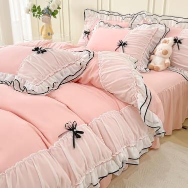 Imagem de Watbro Capa de edredom infantil tamanho casal, conjunto de cama de babados com gravata borboleta, conjunto de cama de microfibra macia com fecho de zíper e laços de canto, roupa de cama feminina com