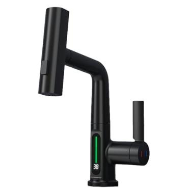 Imagem de Torneira de cozinha tipo cascata, branca, com display digital inteligente, torneiras misturadoras frias e quentes, giratória, para pia, com elevação, preta