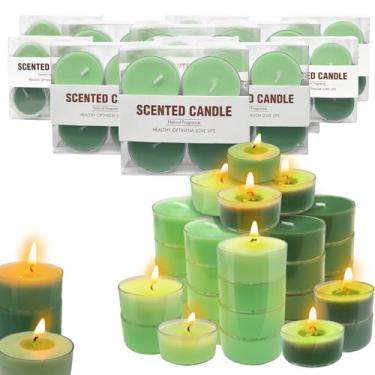 Imagem de Pacote com 36 velas perfumadas Tealight, cera de abelha branca e cera de soja, 2 aromas de figo, pera e sálvia de madeira e sal marinho, mini velas em copos de acrílico transparente para casa, verde