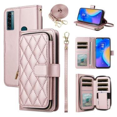 Imagem de Furiet Argyle Capa carteira para TCL 20 SE 6.82 com alça de pulso, 9+ compartimento para cartão com zíper bolsa luxuosa de couro PU para celular TCL20SE Android 11 TLC 20SE T6710 17.3 cm ouro rosa