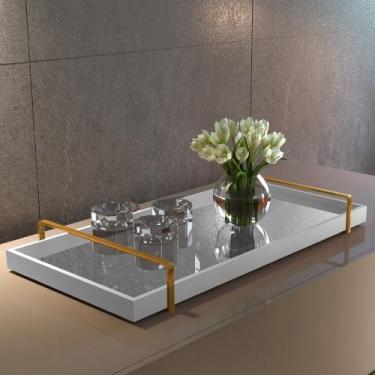 Imagem de Bandeja Decorativa Espelhada Alça Dourada - Larflex, Branco