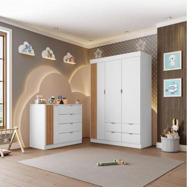 Imagem de Quarto Infantil Completo Guarda-Roupa 3 Portas 4 Gavetas com Cômoda 100% MDF Ayla Branco