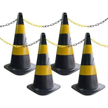 Imagem de 4 Cones de Sinalização para Estacionamento 50cm e 4m de Corrente de Isolamento (Preto e Amarelo)