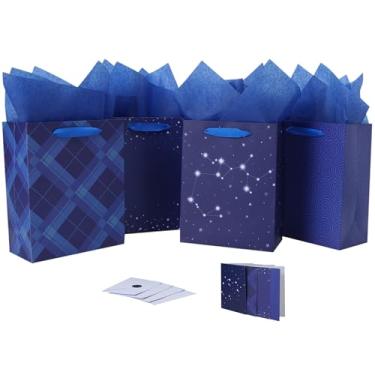 Imagem de Pacote com 4 sacos de presente azul médio de 27 cm com alças, cartão comemorativo, papel de seda e adesivos para mulheres, meninas, homens, crianças, adolescentes, para festas de aniversário, compras,