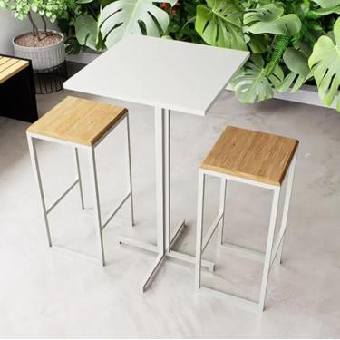 Imagem de Conjunto Mesa Alta Bar Bistrô Quadrada Branca 2 Bancos Pinus Industrial White