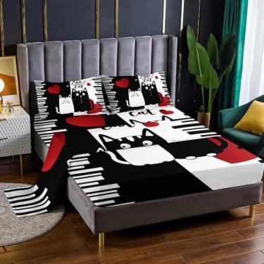 Imagem de XYNHML Jogo de cama com tema de gato kawaii, 4 peças, Queen, amante de gatos, adolescentes, meninas, meninos, preto e branco, decoração de quarto com 1 lençol de cima + 1 lençol com elástico + 2