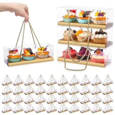 Imagem de Thenshop 40 caixas transparentes para cupcake, 22 x 7 x 7 cm, recipientes retangulares para cupcake, 3 compartimentos, embalagem de pastelaria, caixa de presente com alça de corda para festa de