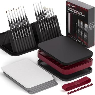 Imagem de Nicpro Kit profissional de pintura em miniatura, paleta Stay Wet e 16 pincéis de pintura com detalhes em bolsa de nylon, 100 peças de papel palete, 4 peças de esponja, paleta de mistura para modelo em