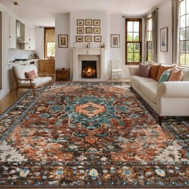 Imagem de Ciicool Tapete vintage lavável de 2,7 x 3,7 m, tapete oriental grande, antiderrapante para sala de estar, quarto, sala de jantar, escritório, cozinha (vermelho tijolo/azul-petróleo)