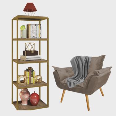 Imagem de Kit Poltrona Fatte com Manta Soft Cinza e Estante Livreiro Ferro Dourado mdf Rústico Su...