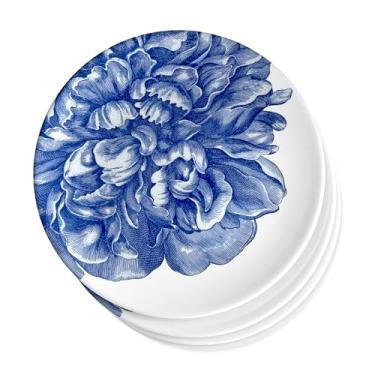 Imagem de Caskata Pratos de jantar de melamina peônia, conjunto de 4 | Pratos de jantar para entretenimento e uso diário | Perfeito para casa, praia, piscina e presentes | Cor azul sobre branco | 26 cm