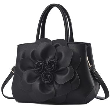 Imagem de Bolsa feminina de couro sintético com flor 3D, bolsa de mão com alça superior, bolsa de ombro casual, sacola, Preto, Large