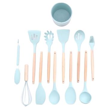 Imagem de Jogo de Cozinha Kit C/12 Pçs de Silicone Utensílios e Copo Suporte para Cozinha Cabo de Madeira(verde)